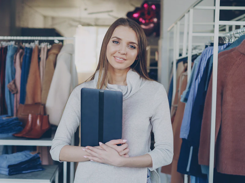 Commerçante souriante dans sa boutique de prêt-à-porter, tablette à la main